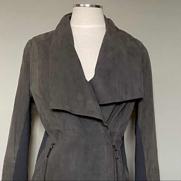 Vince Jacket Drape Collar Paper Weight Suede Biker Jacket in Grey, Medium - Picture 3 of 16